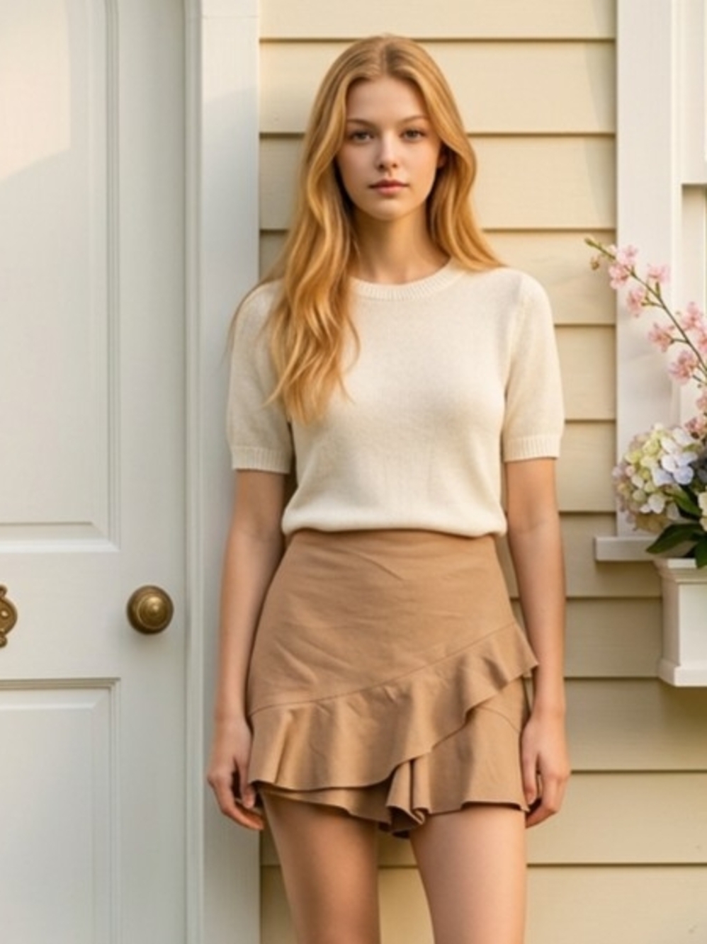Express tan colored Diagonal Ruffled Faux-Wrap Mini Skort Asymetrical Hem 8 NWT